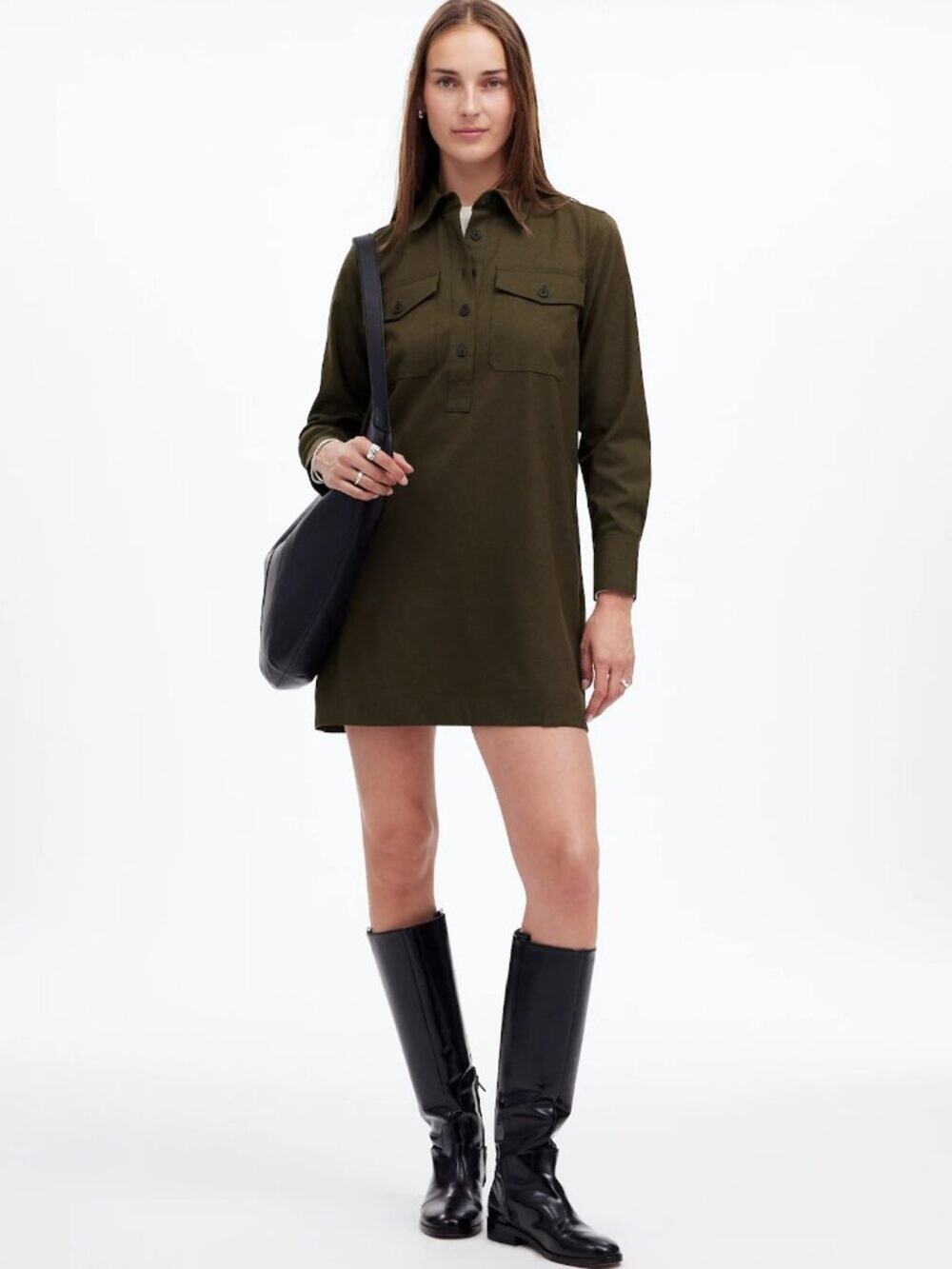 Madewell Dark Olive Melange Heavyweight Twill Utility Shirt Dress M